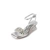 Square Head French Silver Sandals Women's Summer 2025 New One-word with Flower Rhinestone Transparent Thick Heel High Heels