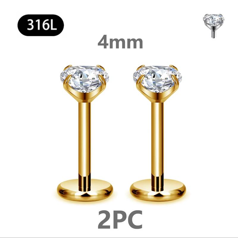 2/4PC Labret Tragus Stud Earrings 16G Surgical Stainless Steel CZ Crystal Monroe Helix Cartialge Conch Medusa Lip Body Piercing