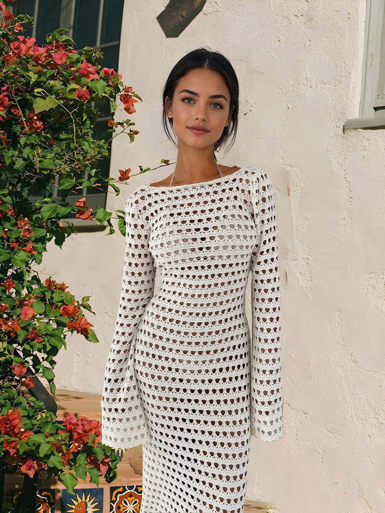 Sexy Knit Mesh Backless Long Bell Sleeve Beach Maxi Dress 2025 Women's Summer Slim Outfits Vacation Swimsuit Cover Up Tunic K205