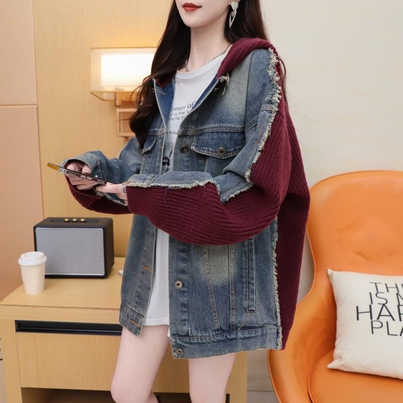 DIMANAF 2025 Winter New Jacket Women Sweaters Denim Coat Patchwork Wadded Cardigan Knitting Pockets Sweater