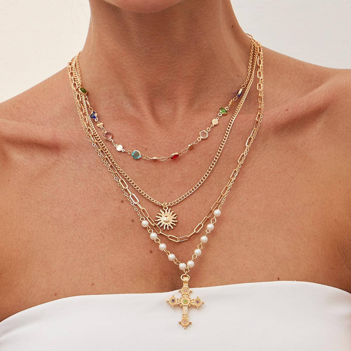 

SHIXIN 4Pcs/Set Sun Jesus Cross Pendant Necklace for Women Bohemian Colorful Crystal Imitation Pearl Choker Jewelry on the Neck