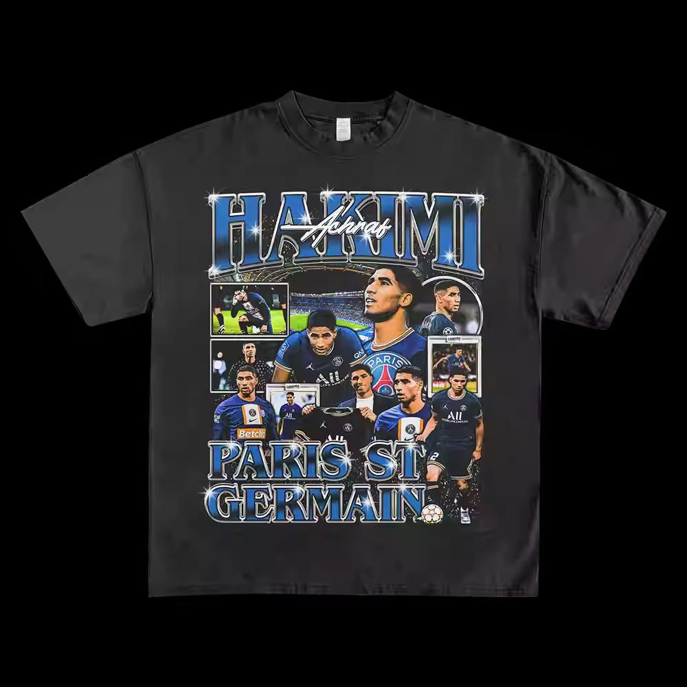 

2025 Трибьют Ашрафу Хакими Футбол Спорт Американский Ретро Тяжелый Принт Круглый Вырез Футболка с Коротким Рукавом 4XL