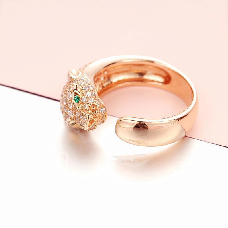 Rose Gold Plated Purple Fashion Full Leopard Head Ring Men'S And Women'S High-End Open Ring