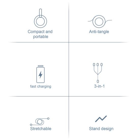 Cavo di ricarica retrattile 3 in 1 Ricarica rapida Supporto per supporto telefono per trasferimento dati Cavo dati multifunzionale di tipo C/USB/8 pin