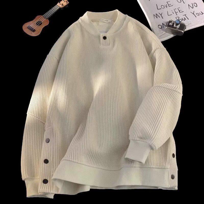 

Чоловічий високоякісний смугастий светр з V-подібним вирізом: Повсякденний в язаний светр вільного крою для осені та зими. XL брудно-білий