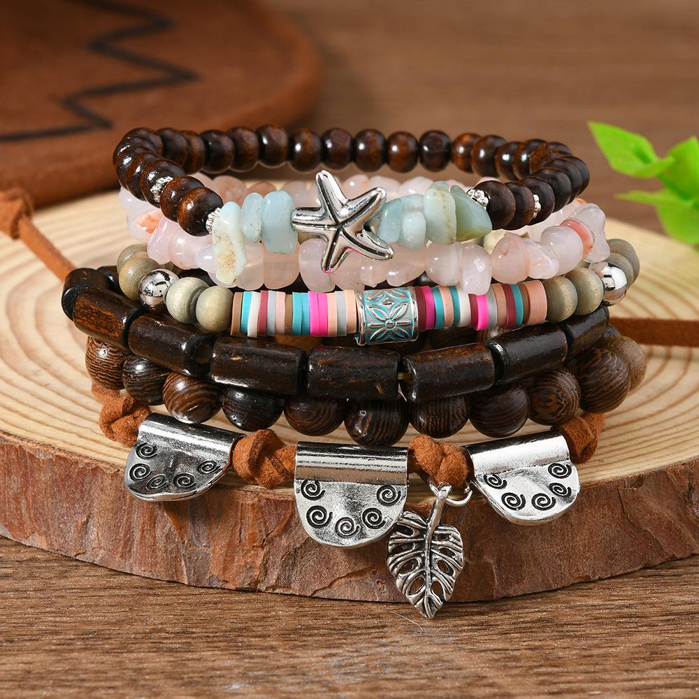 Boho Beaded Stack Bracelet Set, Multi-Layer Wood & Turquoise Bead Bracelet for Women, Bohemian Casual Beach Jewelry