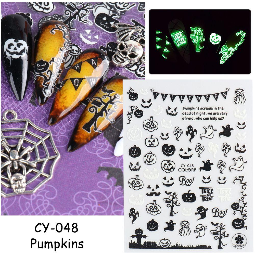 Adhesive Skull Pumpkin Spider Web Manicure Luminous 3D Halloween Nail Stickers Glow In The Dark
