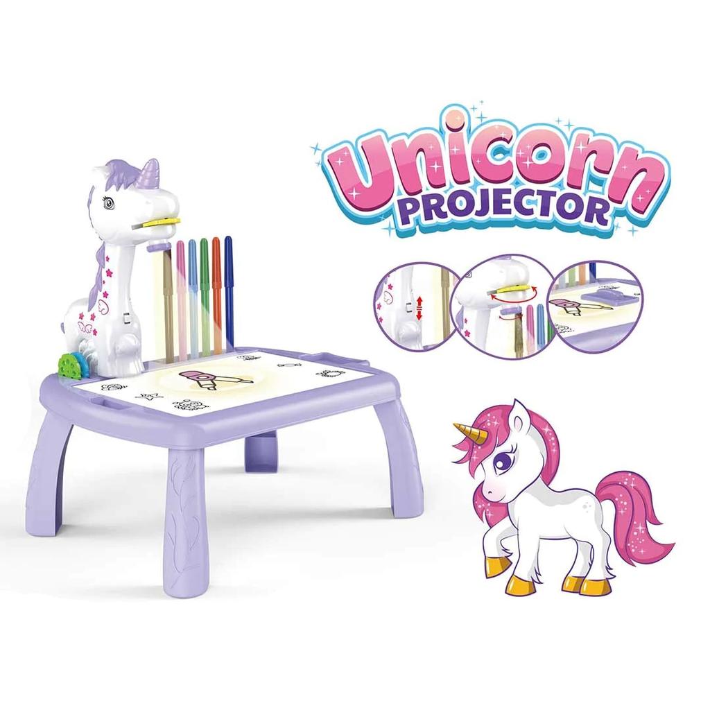 Masuta Kids Drawing Projector Set with 3D Holographic Projector, 3 Discs 24 Patterns, Unicorn Theme, 12 Markers, 32x29.5x23cm, Ages 3+