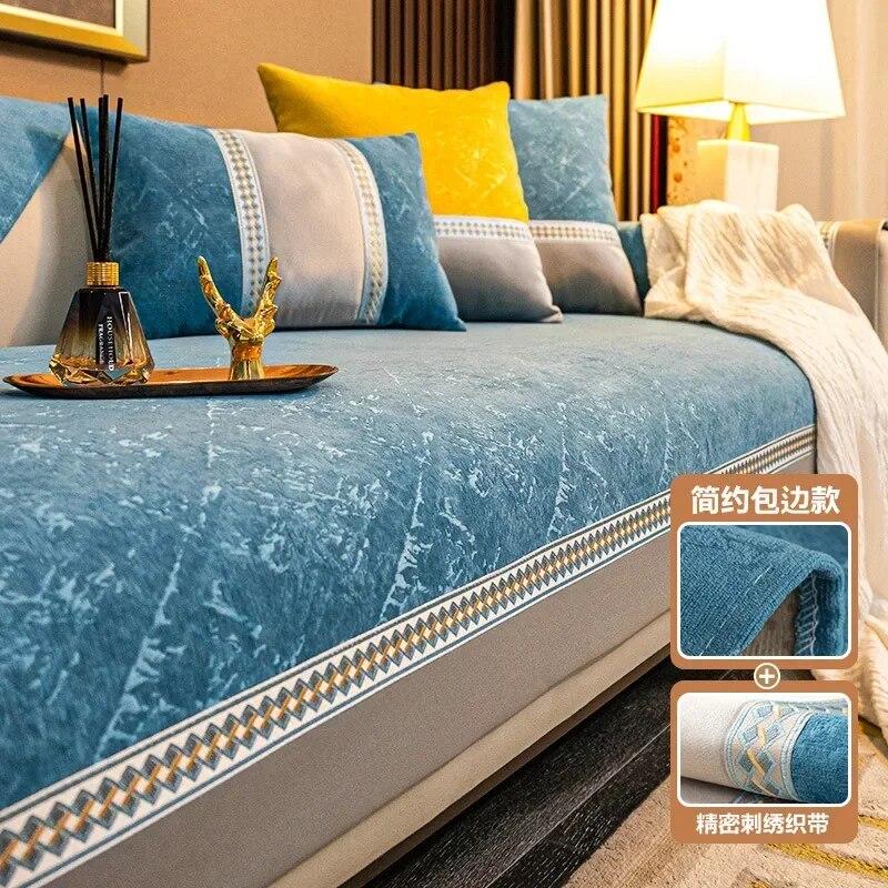Modern Splicing Sofa Cover Solid Color Luxury Chenille Non-slip Sofa Cushion Four Seasons Universal Cover Anti Cat Scratch Mats
