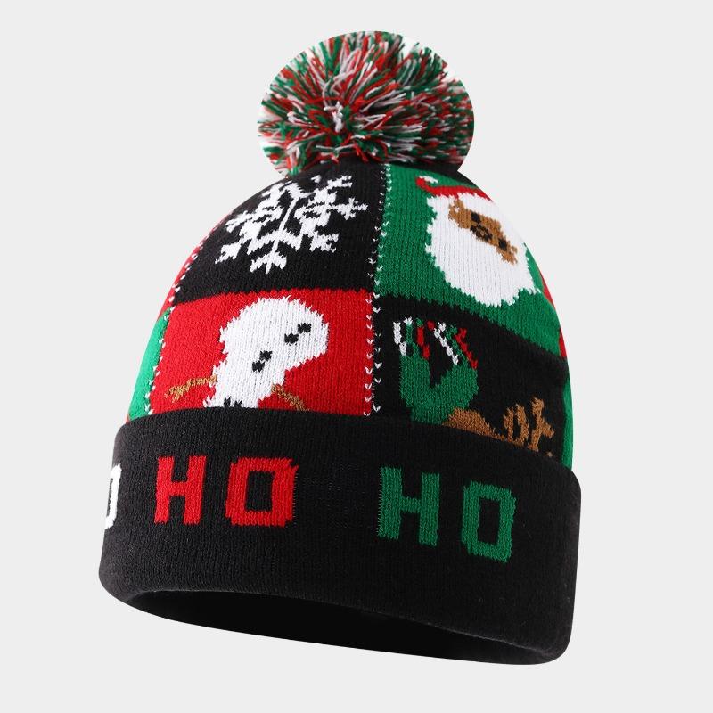 Christmas Elements Snowman Elk Christmas Tree Flanged Hairball Knitted Hat, Men's and Women's Thermal Ear Protection Wool Hat