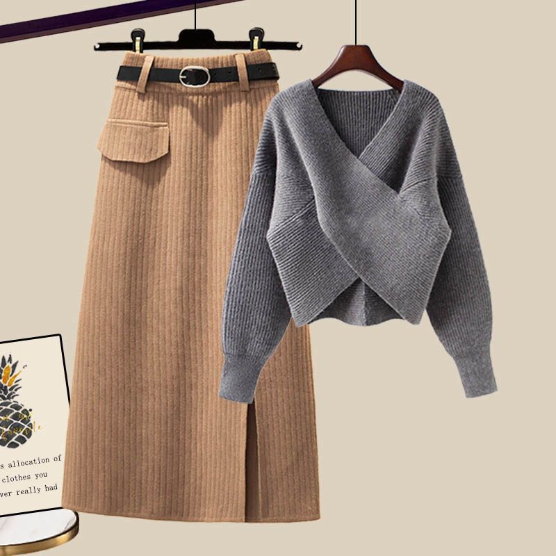 2pcs Women's Knit Skirt Suits Autumn Winter V-Neck Sweater Knit Pencil Skirt Two Piece Set Loose Pullover Sweater  Knit Top  SkirtOutfits