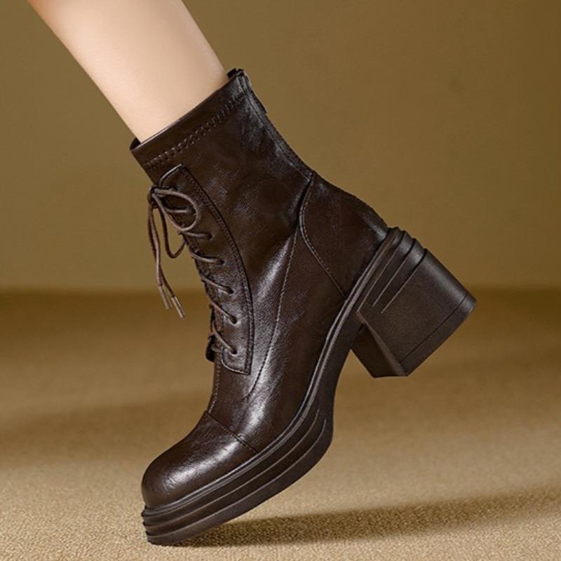 Women's High Heel Boots Thick Heel 7cm Strap Women's Boots Rear Zipper Thick Sole Splicing Short Boots Women Shoes