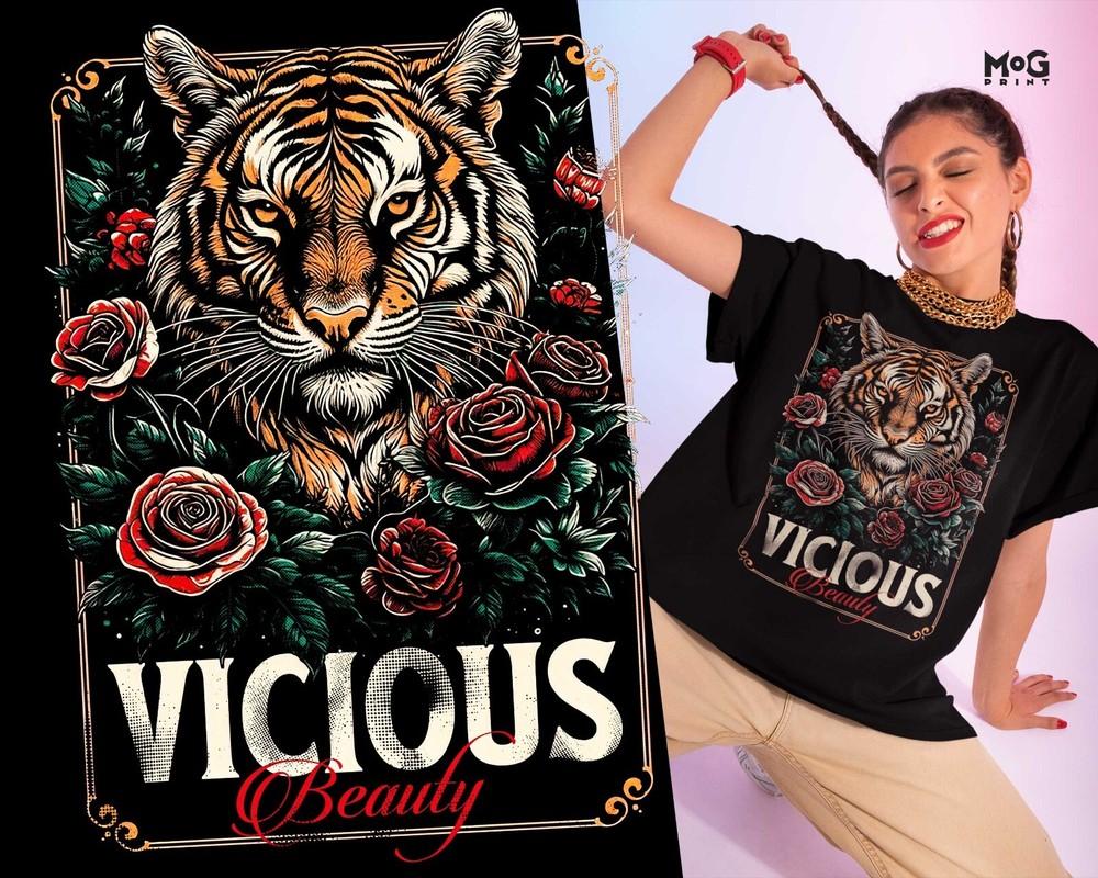 

Floral Halftone Tiger T-shirt Vicious Beauty Shirt Majestic Wild Cat Gift Tee L