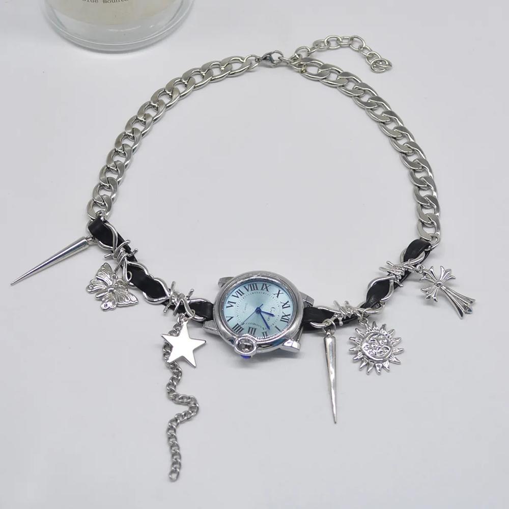 Fashion Y2k Watch Leather Pendant Titanium Steel Collar Female Personality Cyberpunk Choker Fashion Jewelry Gift