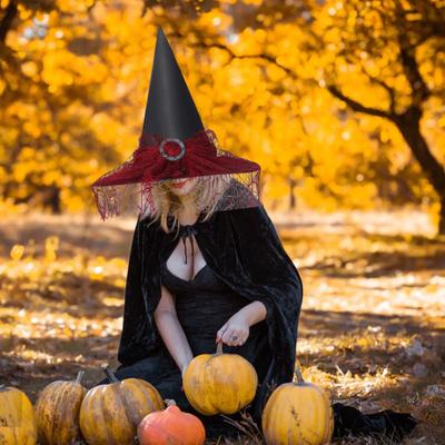 Halloween Witch Hat Lace Spider Web Decor Large Brim Pointed Wizard Sorceress Cosplay Haunted House Carnival Party Costume Cap Headwear