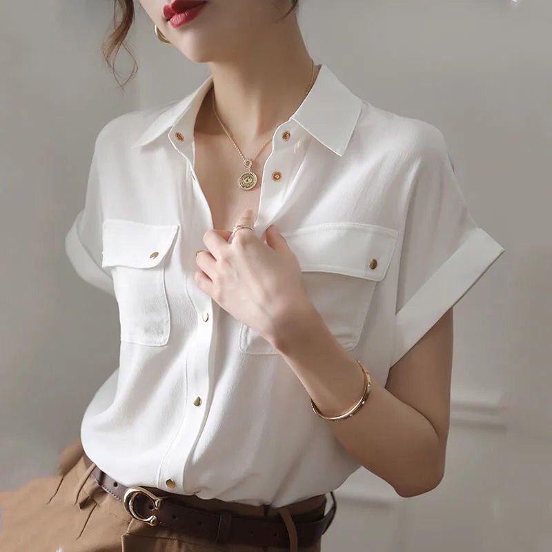 Women's Chiffon White Shirt Short Sleeve Summer Temperament Shirt Top