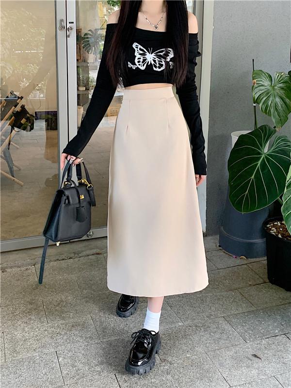 2024 Women's French-Style Midi Skirt - Black High Waist A-Line Pencil Skirt