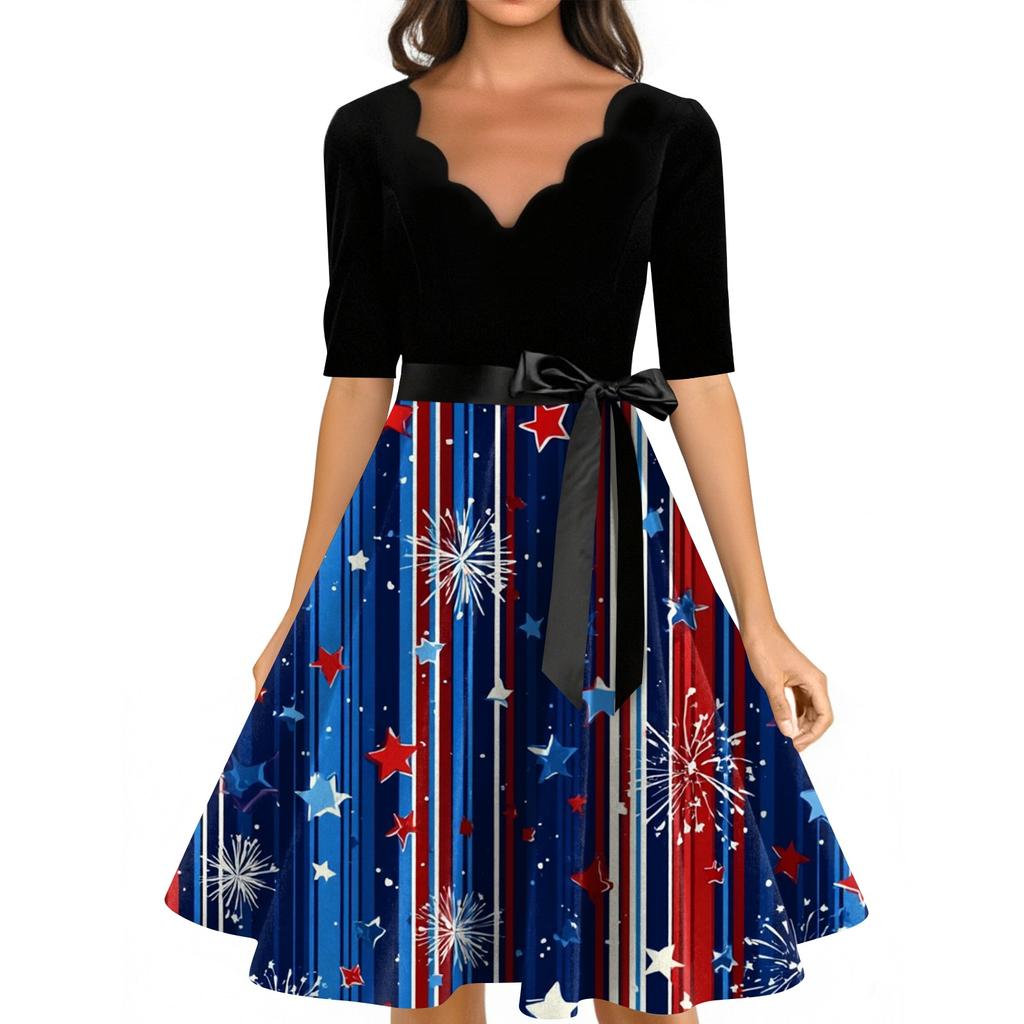 Women's Casual Fashion V-neck Retro Short-sleeved Dress With Flag Independence Day Print