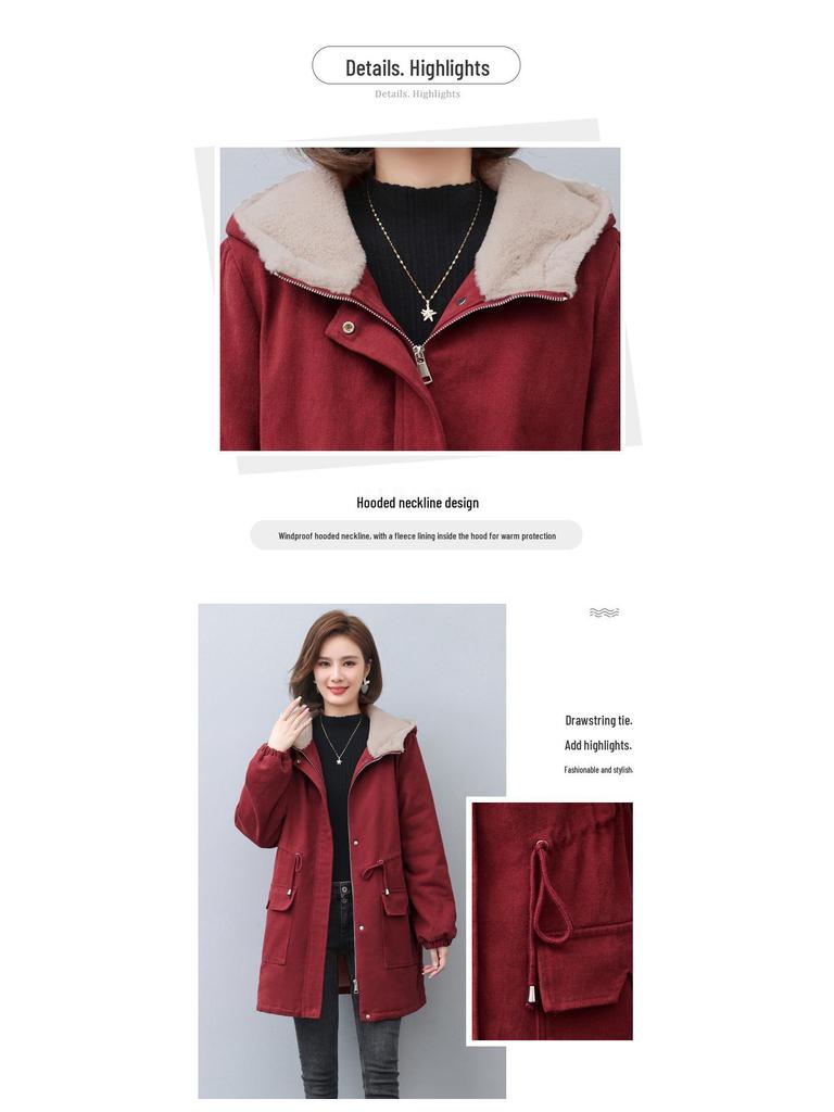 Women's 2024 Winter Fleece-Lined Parka: Mid-Length, Loose Fit, Plus Size, Thick Cotton Coat for Middle-Aged Moms