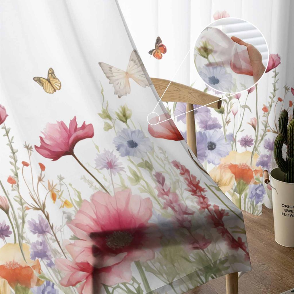 Kwiaty akwarelowe Rośliny Motyle Lawenda Stokrotki Tiulowe Zasłony Okien Sypialnia Luksusowe Zasłony w Salonie Panele Szyfonowe