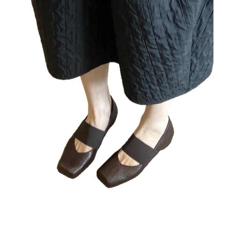 Sheepskin Version~ Leather Square Head Elastic Band Mary Jane Shoes Women's 2025 New Fashionable Versatile Shallow Mouth Flat-soled Single Shoes