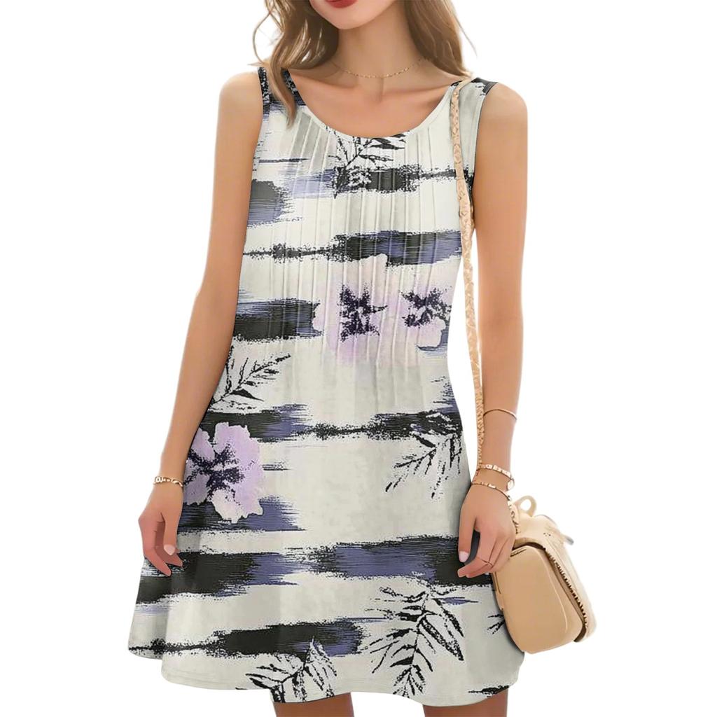 Women's Casual Fashion Floral Print Round Neck Sleeveless  Dress