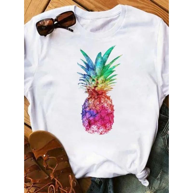 Maycaur Tricou noi pentru femei, Topuri imprimate cu ananas, tricou pentru femei, cu mânecă scurtă, cu decolteu O, tricou pentru femei, cămăși drăguțe de vară