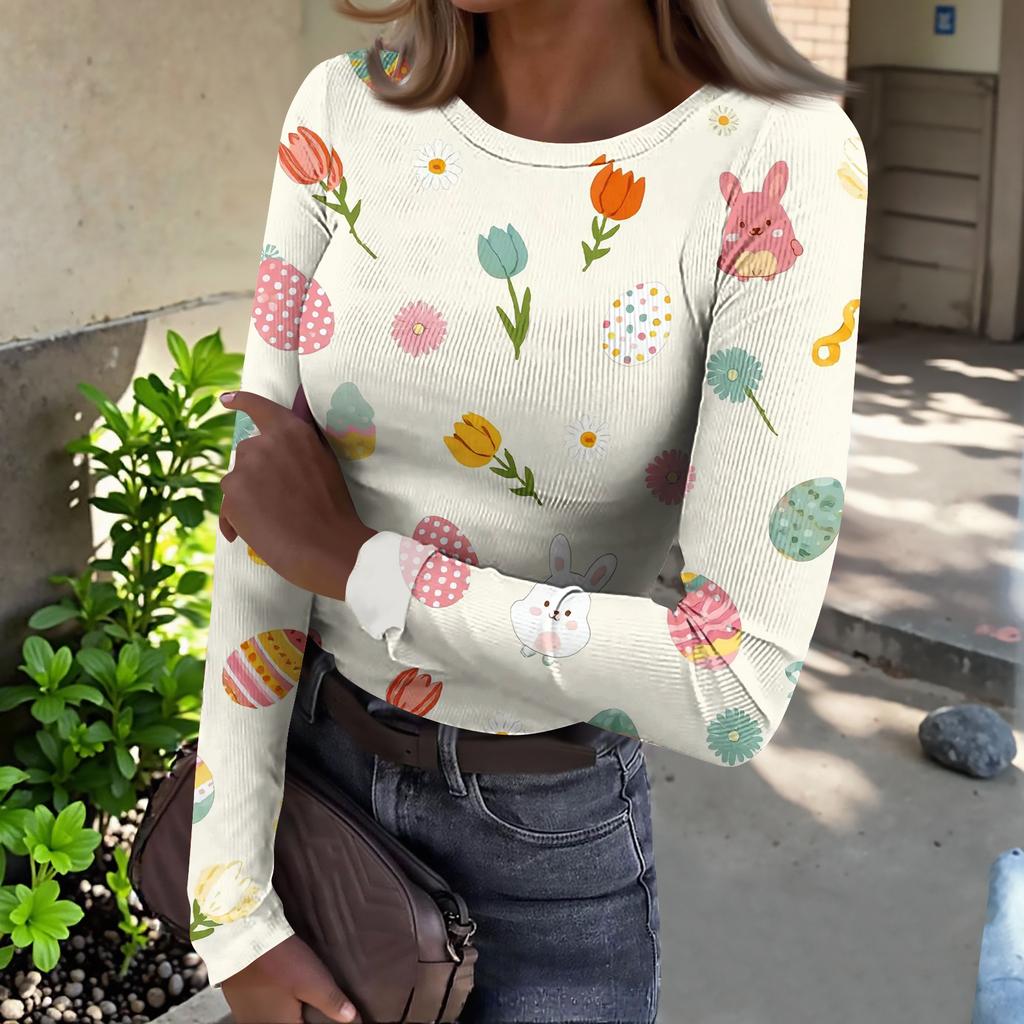 T-shirt da Donna Invernale Slim alla Moda Casual Stampata Girocollo Pullover Manica Lunga Top