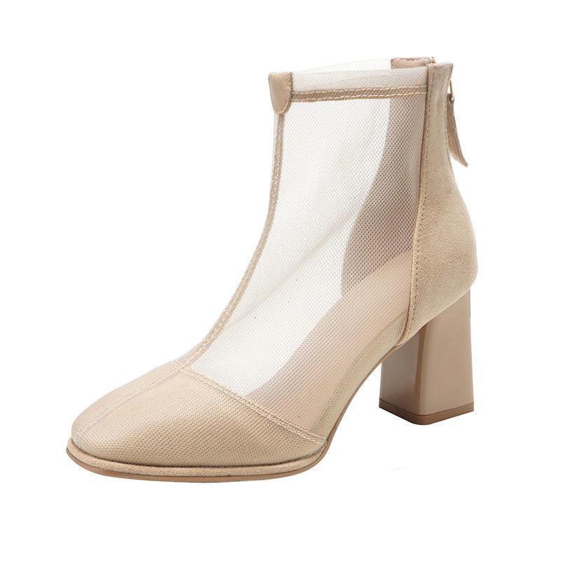 2025 New Women's Shoes Mesh Hollow Martin Boots Summer Thin Breathable French Versatile Thick Heel Cool Boots High Heels