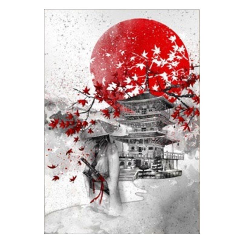 Japanese Ninja and Monk Mural Black Red Wall Art Canvas Painting Vintage Wall Art Pictures for Living Room Bedroom Home Decor No Frame