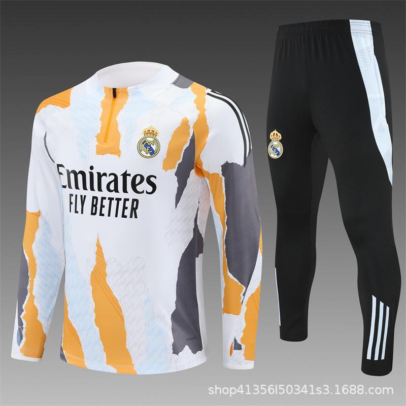 Maglia da Allenamento da Calcio Real Madrid a Maniche Lunghe Mezza Zip Tuta per Adulti e Bambini Stampa Maglia Mbappe