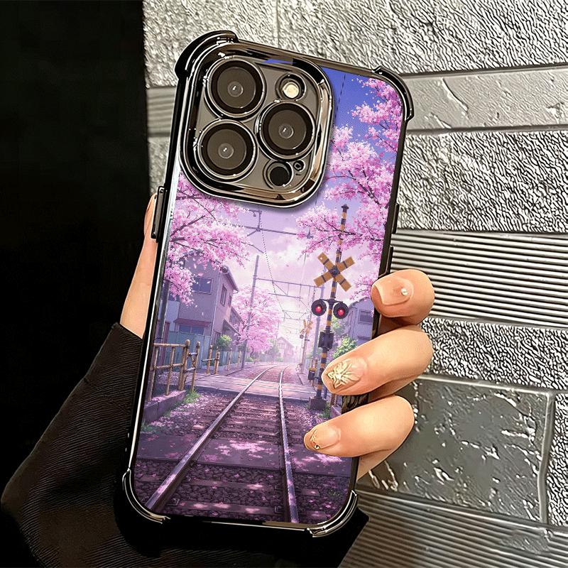 Retro Japanese Sakura Train Soft Phone Case For iPhone 15 16 17 Air 14 Pro Max 16E Plus 13 12 Mini Plating Anti-Fall Fundas
