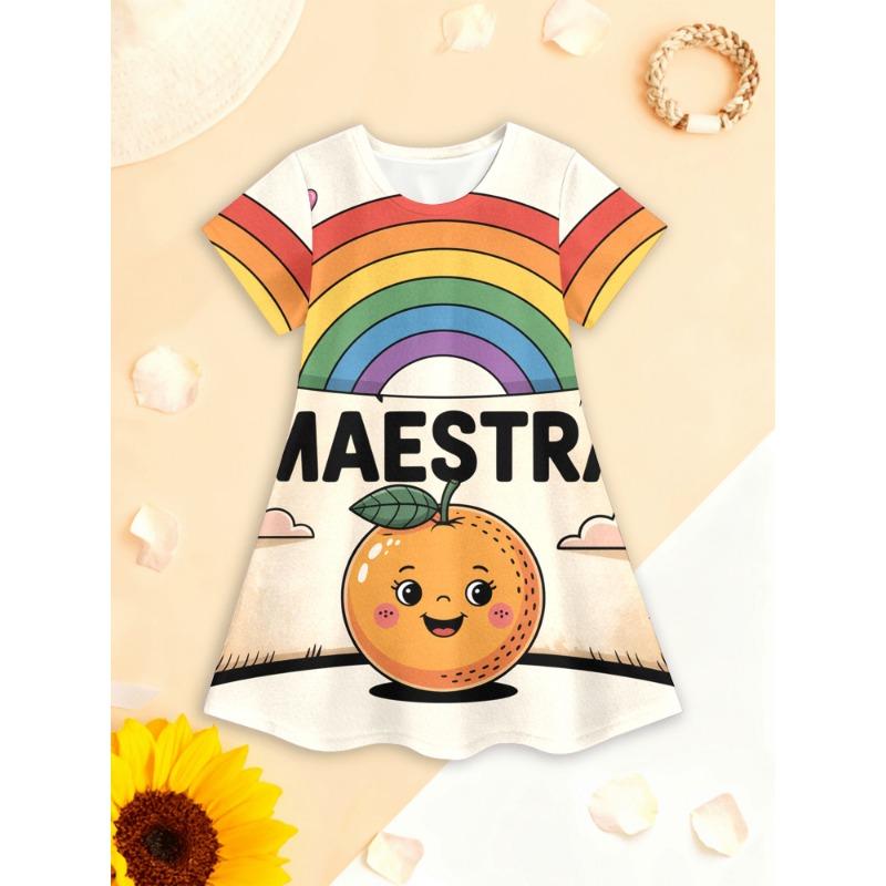 

Maestra S 3D Summer Dress for Girls in Rainbow Orange - Perfect for School, Birthdays, And Summer Camps 110