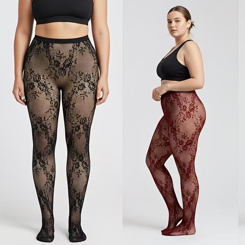 Women s Plus Size Retro Coffee Lace Floral Fishnet Silk Stockings Black Flower Fishnet