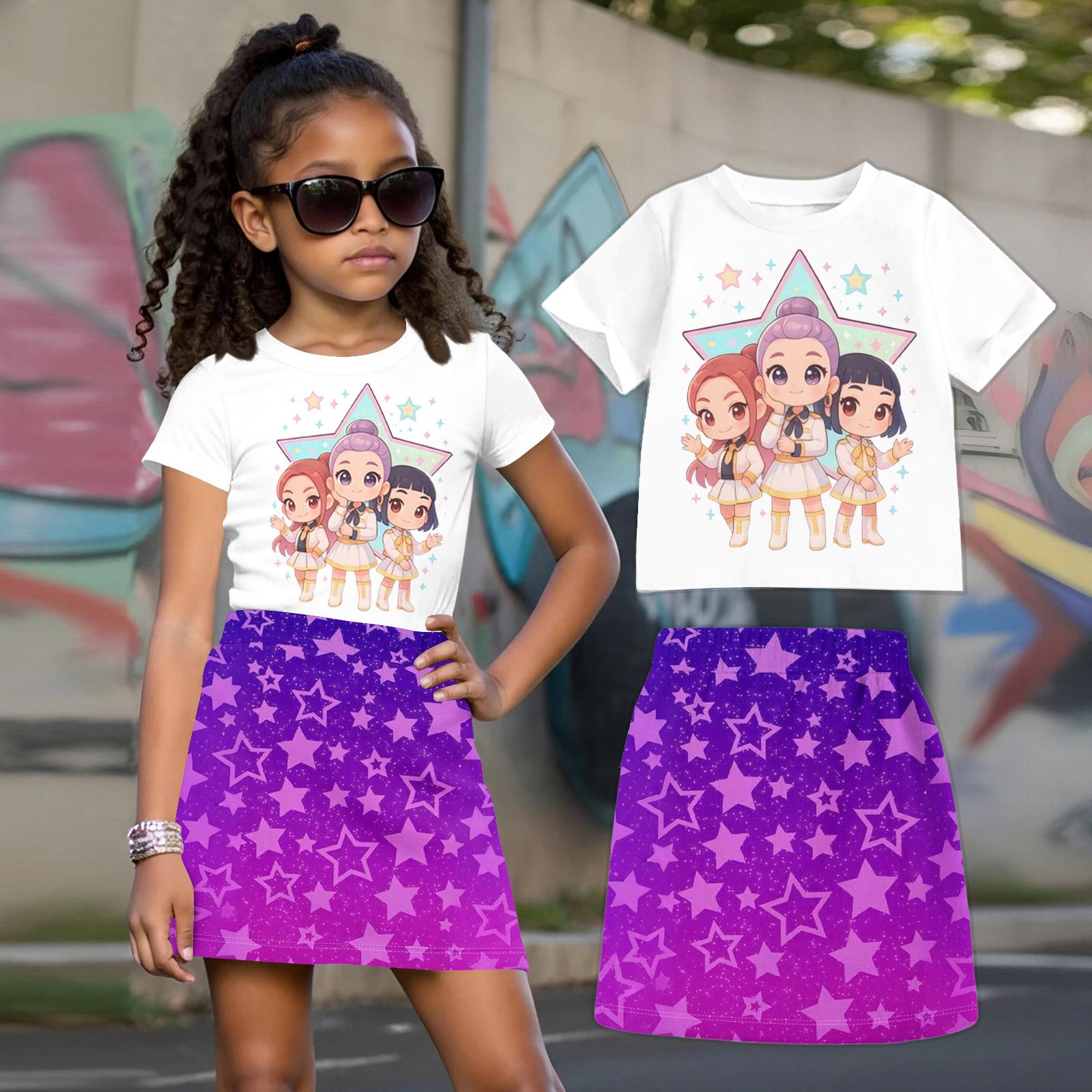 Witch Children s Printed Loose Casual Fashion Round Neck Short Sleeved Top+Short Skirt Set 130