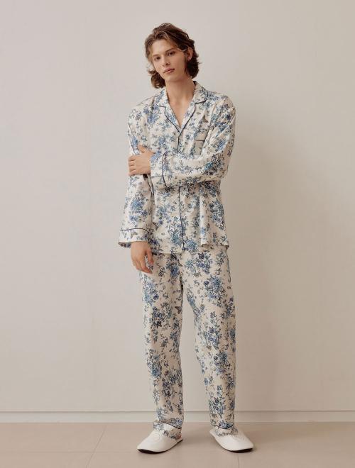 

[LUNALUZ STUDIO] Men s Jardin Modal Cotton Long Sleeve Collar Two-piece Pajama Set [Shipped from Korea] 100% Authentic Blue