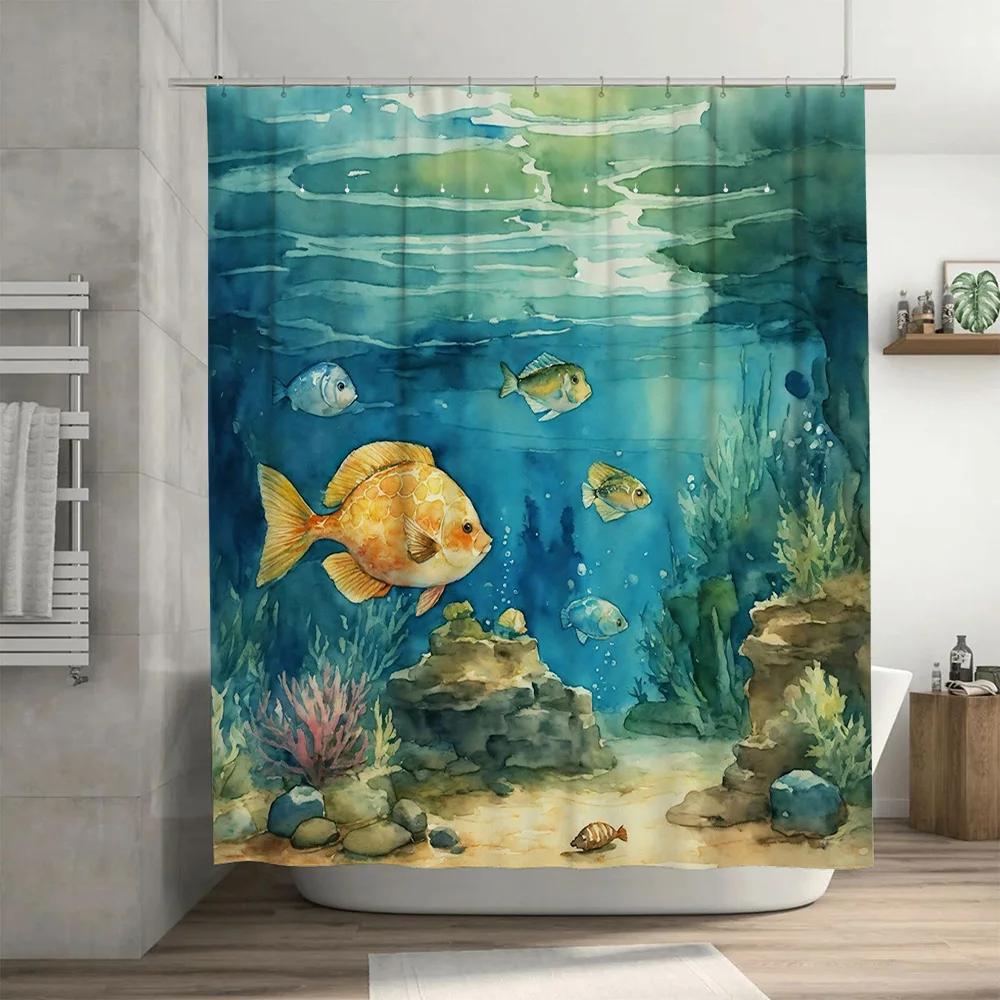 Underwater Life Animal Pattern Bath Curtain for Bathroom Decor Watercolor Blue Green Fish Seashells Design Shower Panel