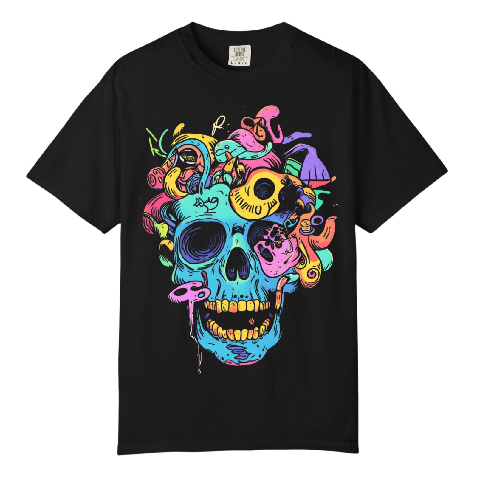 Bold Neon Tribal Skull Art Totem TShirts, Comfort Colors, Unisex Streetwear Tee S разноцветный
