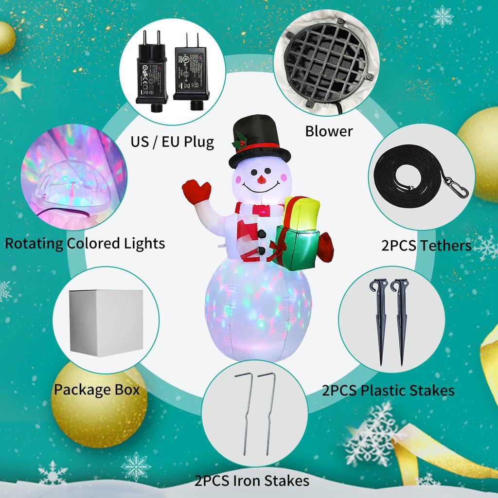 5FT jule gummibåt Snømannformet LED roterende fargede lys Blow Up Xmas oppblåsbare rekvisitter