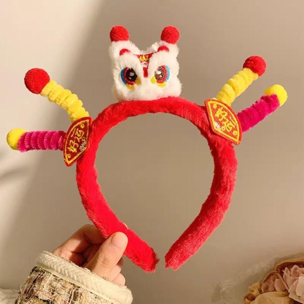 Embroidered Bow New Year Hair Hoop Lion Hanfu Hair Accessories Sweet Red Plush Headband  Kids