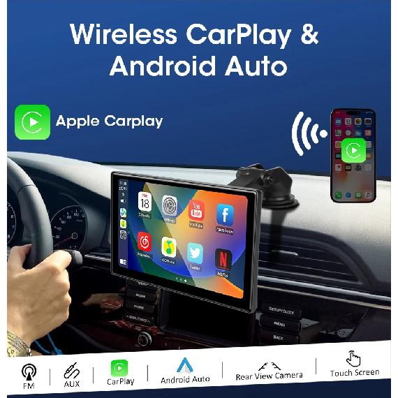 Srnubi 2.5K 9 inch Dash Cam Car DVR Wireless Carplay&Android Auto GPS Navigation Video Recorder Dashboard Dual Lens Wifi FM AUX