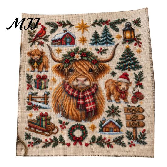 Home Decor Embroidery Patterns Christmas Animal Cross Stitch Kit, Holiday Starter Seasonal Needlepoint Pattern, Festive Craft Kit for Adults