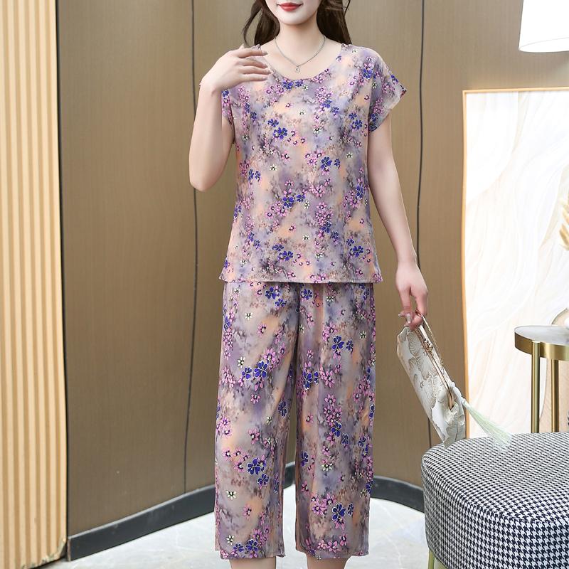 Elegant Women's Two Pieces Set Summer Vintage Clothes Plus Size High Waist Pants Sets