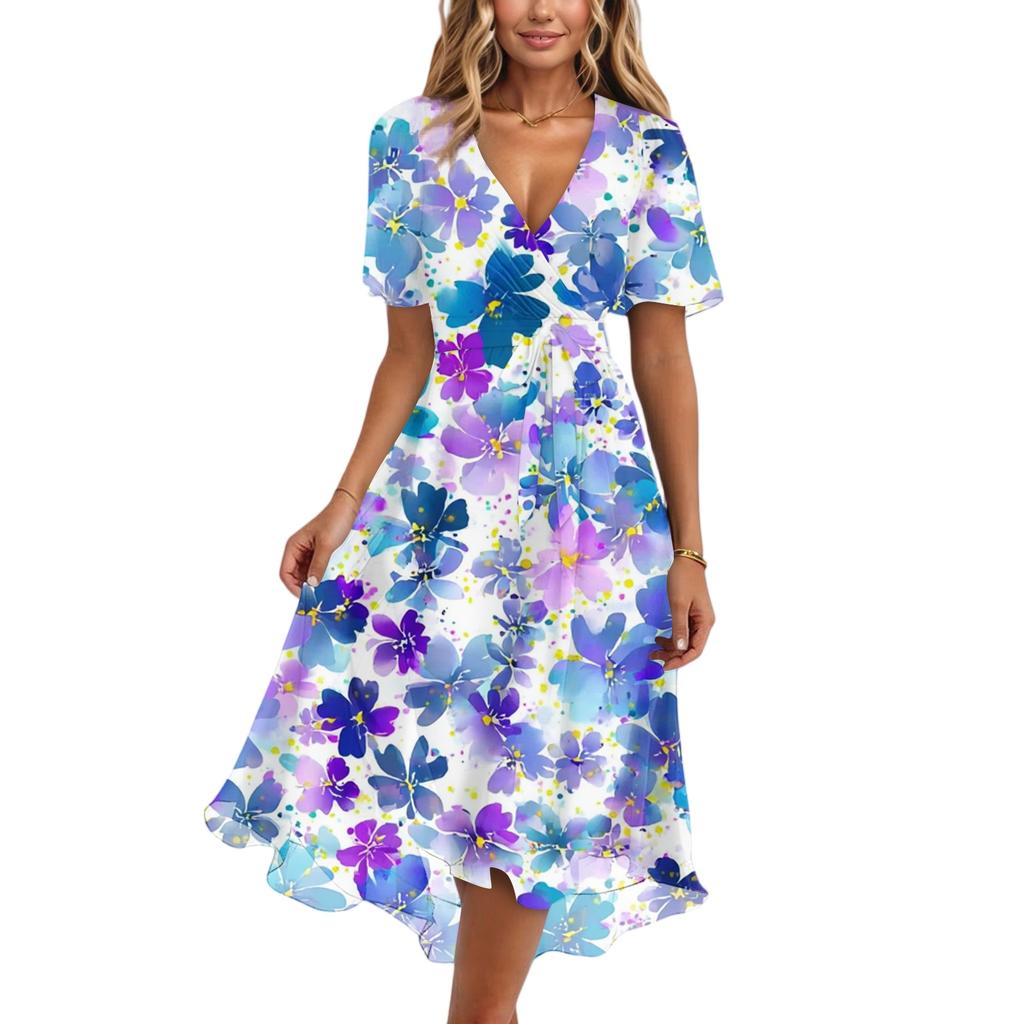 Damenmode Lässig V-Ausschnitt Kurzarm Rüschen Vintage Bedruckte Kleider