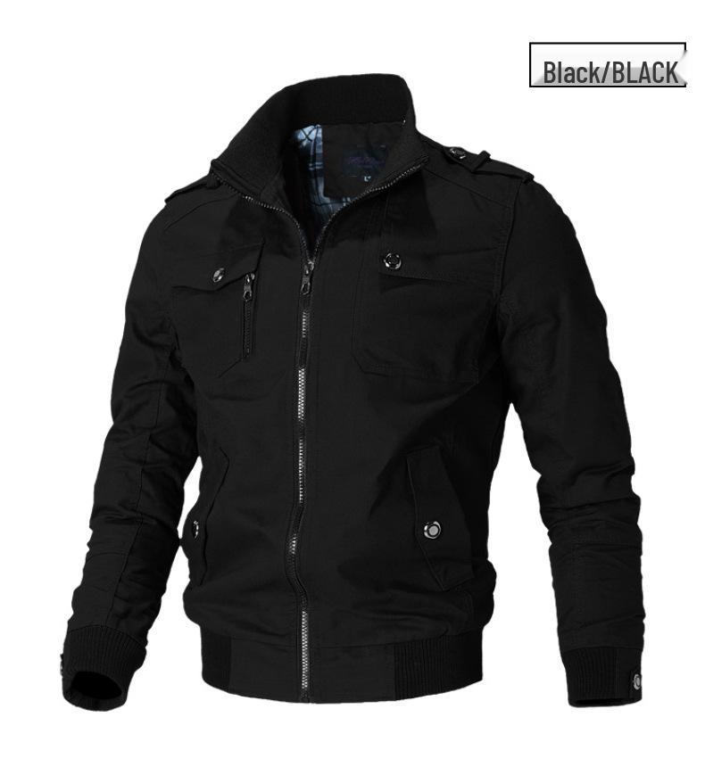 Men's Stand Collar Military Style Washed Cotton Jacket with Shoulder Patches