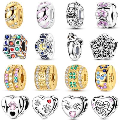 Original 925 Silver Clip Charms with Cubic Zirconia Silicone Beads for DIY Women Bracelet Jewelry Gift