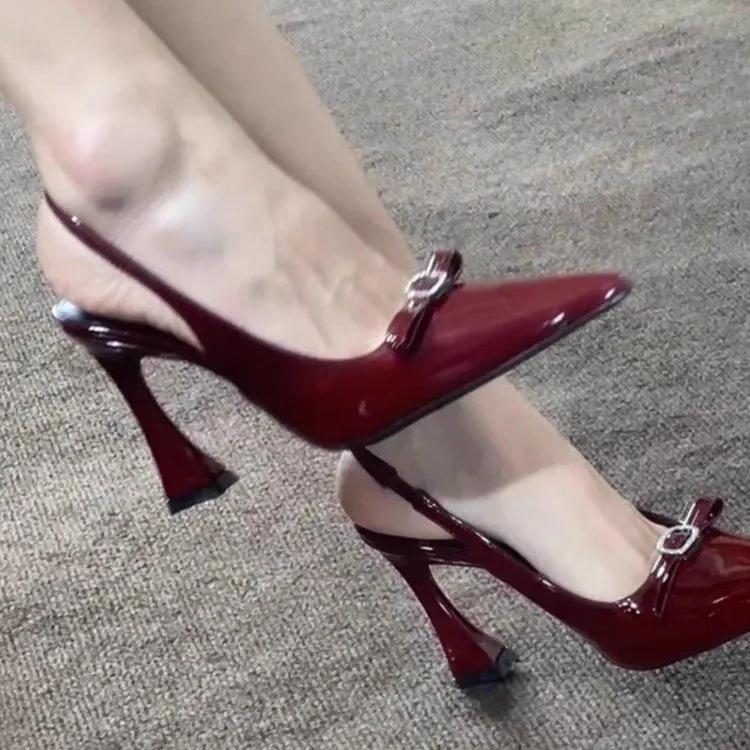 

Мода 2025 Лето Женские Босоножки на Высоком Каблуке Мода Бабочка-узел Платье Слингбэки Туфли Элегантная Вечеринка Свадьба Женская Обувь 40 вино красного