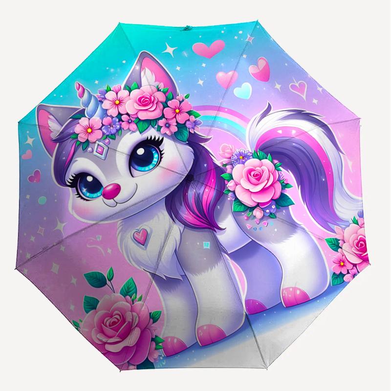 1PC Unicorn Kitty Automatic Open/Close Umbrella with Windproof, 8-Rib Sturdy Canopy, Durable Ribs, Fashionable Design, Outdoor Accessory, Fun Prin, Ho