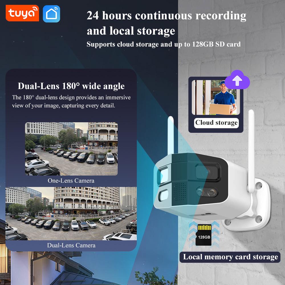 Tuya 180° Panoramic Wireless Outdoor Camera, IP66 Waterproof, Full-Color HD Night Vision, Wide Angle