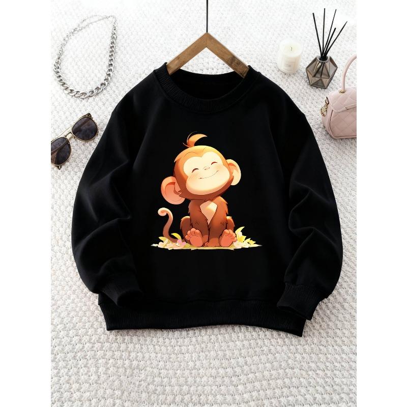 Unisex Round Neck Sweatshirt with Cute Cartoon Monkey Print, Sporty Casual Style, Suitable for Camping Wear
